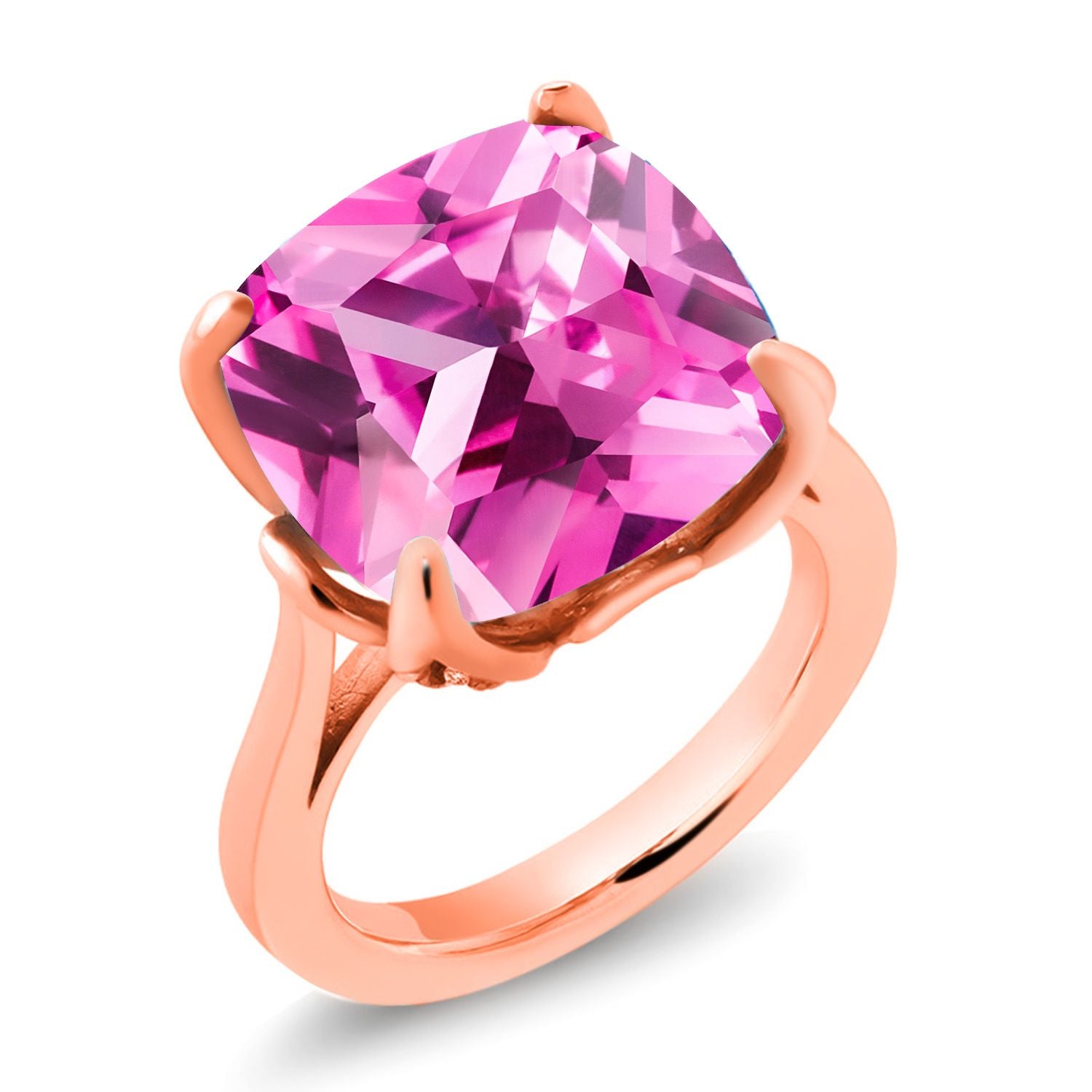 18K Rose Gold Plated Silver Pink Created Sapphire and White Diamond Engagement Ring For Women (14.62 Cttw, 14MM Cushion, Available in Size 5,6,7,8,9)