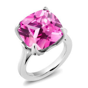 925 Sterling Silver Pink Created Sapphire and White Diamond Engagement Ring For Women (14.62 Cttw, 14MM Cushion, Available in Size 5,6,7,8,9)