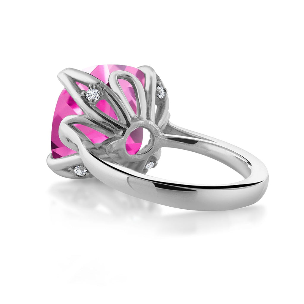 925 Sterling Silver Pink Created Sapphire and White Diamond Engagement Ring For Women (14.62 Cttw, 14MM Cushion, Available in Size 5,6,7,8,9)