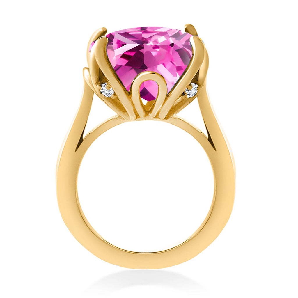 18K Yellow Gold Plated Silver Pink Created Sapphire and White Diamond Engagement Ring For Women (14.62 Cttw, 14MM Cushion, Available in Size 5,6,7,8,9)