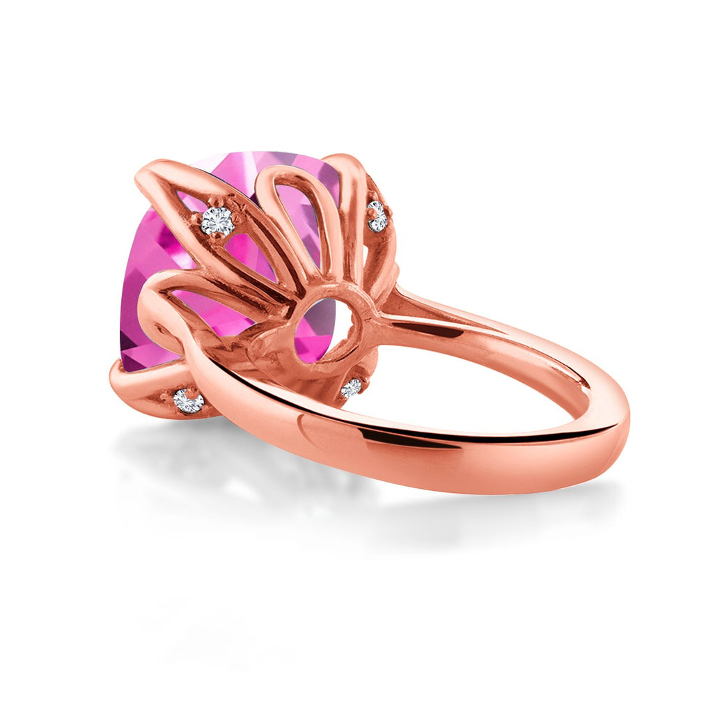 18K Rose Gold Plated Silver Pink Created Sapphire and White Lab Grown Diamond Engagement Ring For Women (14.60 Cttw, 14MM Cushion, Available in Size 5,6,7,8,9)