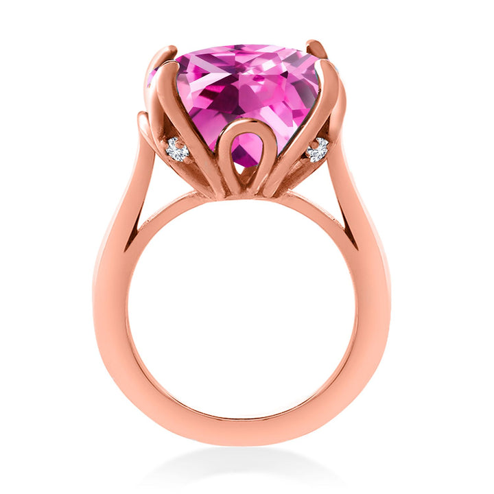 18K Rose Gold Plated Silver Pink Created Sapphire and White Lab Grown Diamond Engagement Ring For Women (14.60 Cttw, 14MM Cushion, Available in Size 5,6,7,8,9)