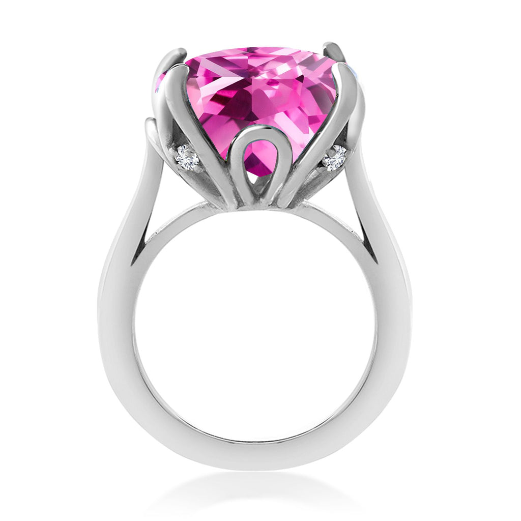 925 Sterling Silver Pink Created Sapphire and White Lab Grown Diamond Engagement Ring For Women (14.60 Cttw, 14MM Cushion, Available in Size 5,6,7,8,9)