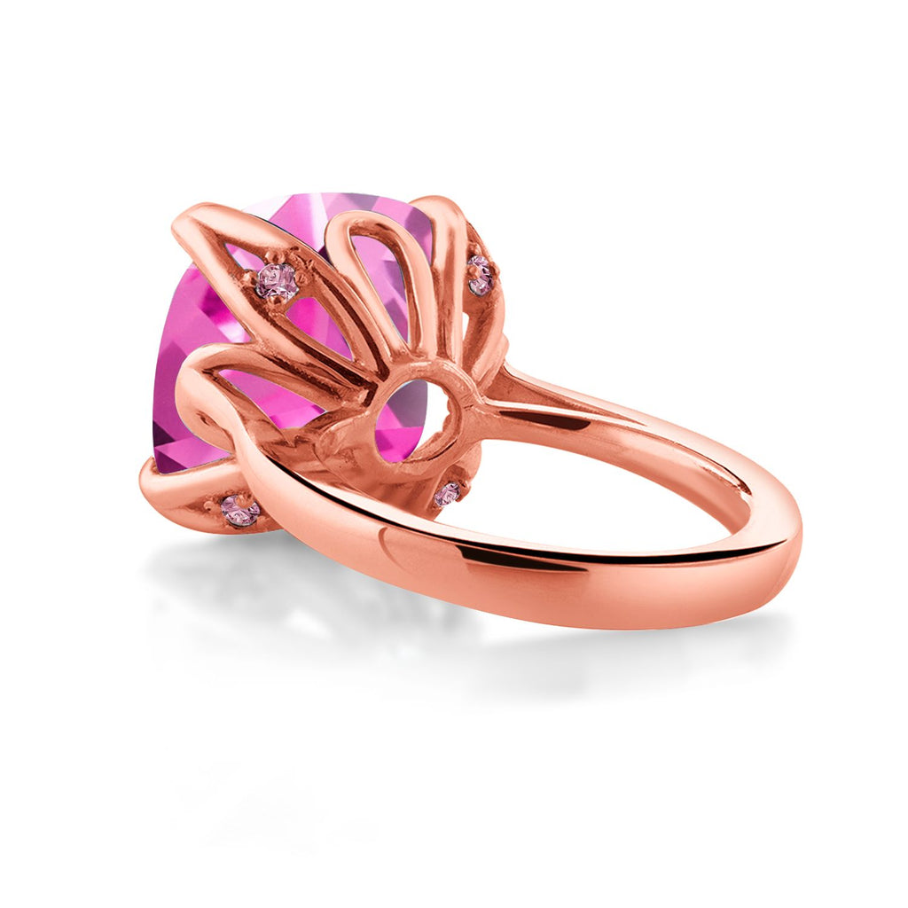 18K Rose Gold Plated Silver Pink Created Sapphire and Pink Lab Grown Diamond Engagement Ring For Women (14.60 Cttw, 14MM Cushion, Available in Size 5,6,7,8,9)