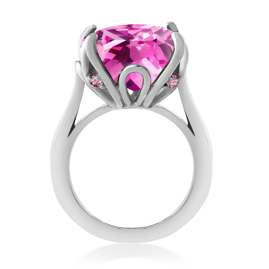 925 Sterling Silver Pink Created Sapphire and Pink Lab Grown Diamond Engagement Ring For Women (14.60 Cttw, 14MM Cushion, Available in Size 5,6,7,8,9)