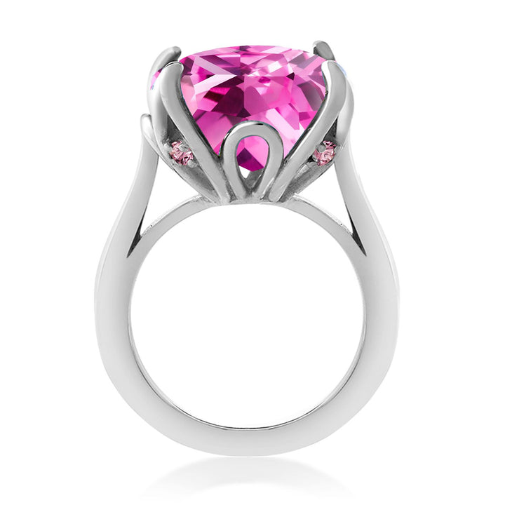 925 Sterling Silver Pink Created Sapphire and Pink Lab Grown Diamond Engagement Ring For Women (14.60 Cttw, 14MM Cushion, Available in Size 5,6,7,8,9)
