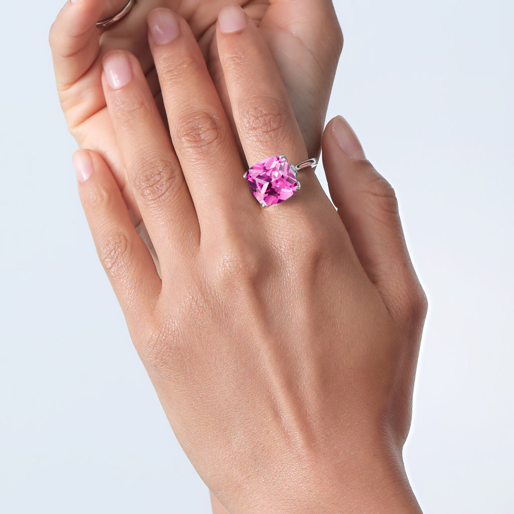 925 Sterling Silver Pink Created Sapphire and Pink Lab Grown Diamond Engagement Ring For Women (14.60 Cttw, 14MM Cushion, Available in Size 5,6,7,8,9)