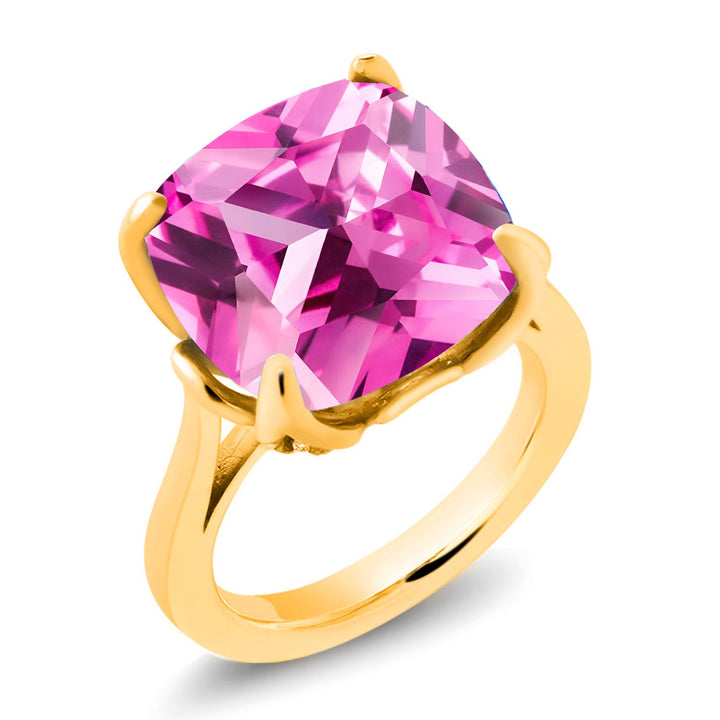 18K Yellow Gold Plated Silver Pink Created Sapphire and Pink Lab Grown Diamond Engagement Ring For Women (14.60 Cttw, 14MM Cushion, Available in Size 5,6,7,8,9)