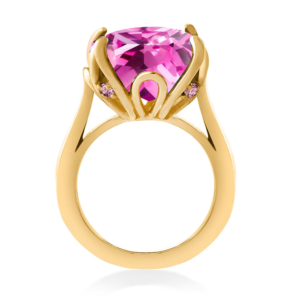 18K Yellow Gold Plated Silver Pink Created Sapphire and Pink Lab Grown Diamond Engagement Ring For Women (14.60 Cttw, 14MM Cushion, Available in Size 5,6,7,8,9)