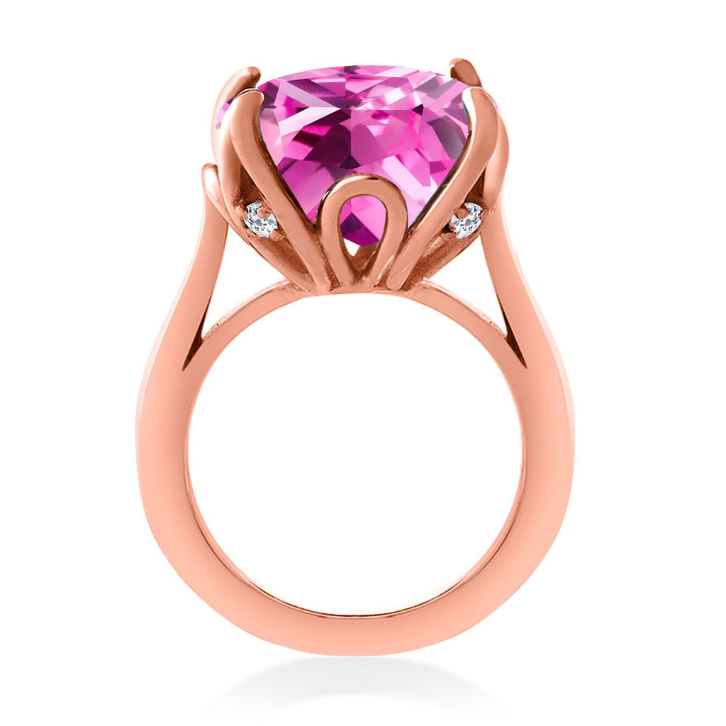 18K Rose Gold Plated Silver Pink Created Sapphire and White Topaz Engagement Ring For Women (14.60 Cttw, 14MM Cushion, Available in Size 5,6,7,8,9)