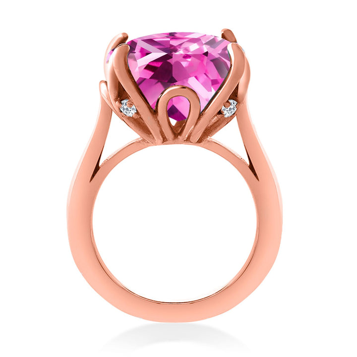 18K Rose Gold Plated Silver Pink Created Sapphire and White Topaz Engagement Ring For Women (14.60 Cttw, 14MM Cushion, Available in Size 5,6,7,8,9)