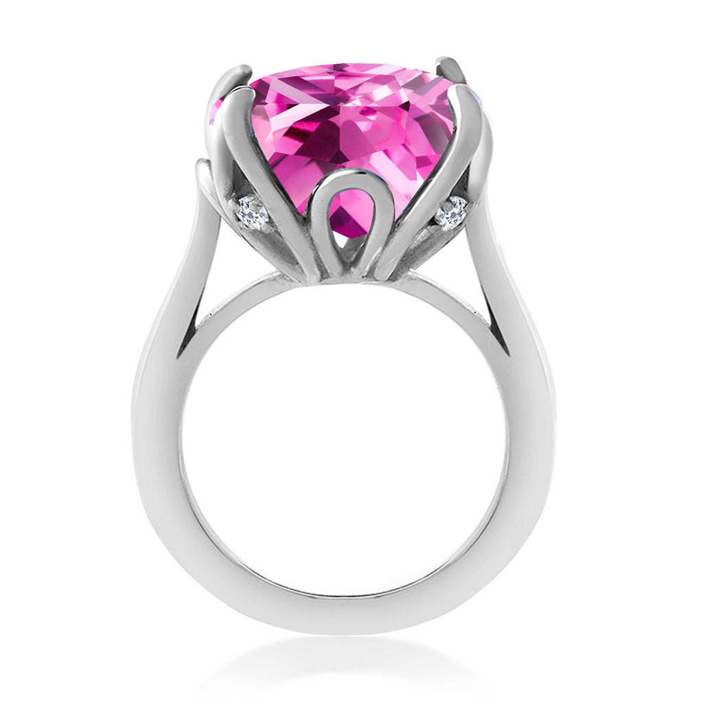925 Sterling Silver Pink Created Sapphire and White Topaz Engagement Ring For Women (14.60 Cttw, 14MM Cushion, Available in Size 5,6,7,8,9)