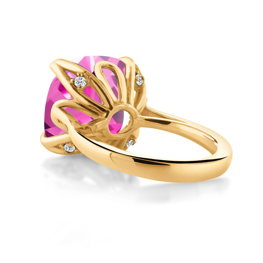 18K Yellow Gold Plated Silver Pink Created Sapphire and White Topaz Engagement Ring For Women (14.60 Cttw, 14MM Cushion, Available in Size 5,6,7,8,9)