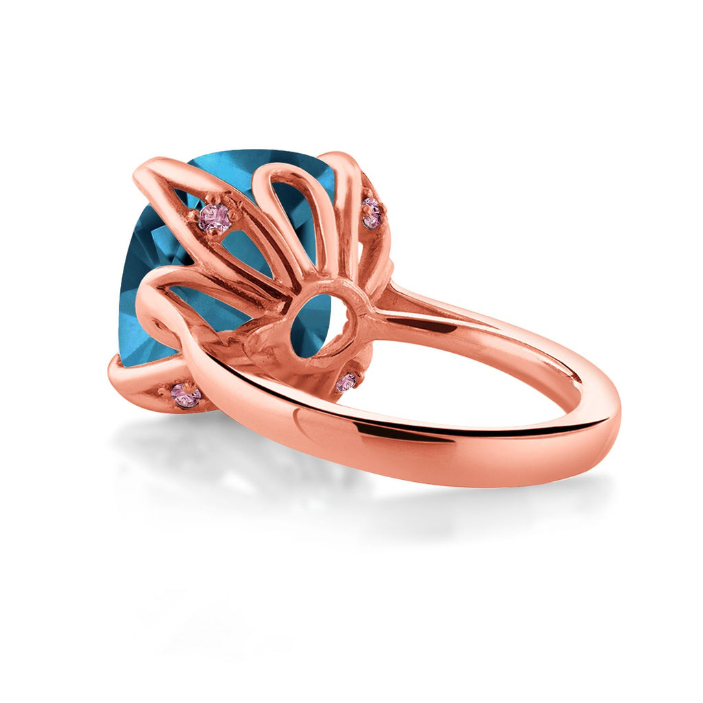 18K Rose Gold Plated Silver London Blue Topaz and Pink Lab Grown Diamond Engagement Ring For Women (13.10 Cttw, 14MM Cushion, Available in Size 5,6,7,8,9)
