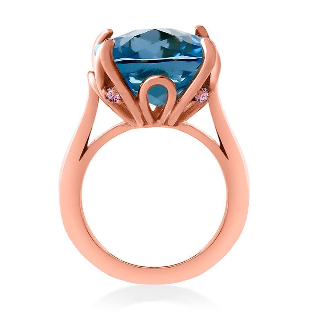 18K Rose Gold Plated Silver London Blue Topaz and Pink Lab Grown Diamond Engagement Ring For Women (13.10 Cttw, 14MM Cushion, Available in Size 5,6,7,8,9)