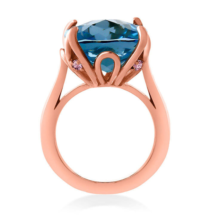 18K Rose Gold Plated Silver London Blue Topaz and Pink Lab Grown Diamond Engagement Ring For Women (13.10 Cttw, 14MM Cushion, Available in Size 5,6,7,8,9)