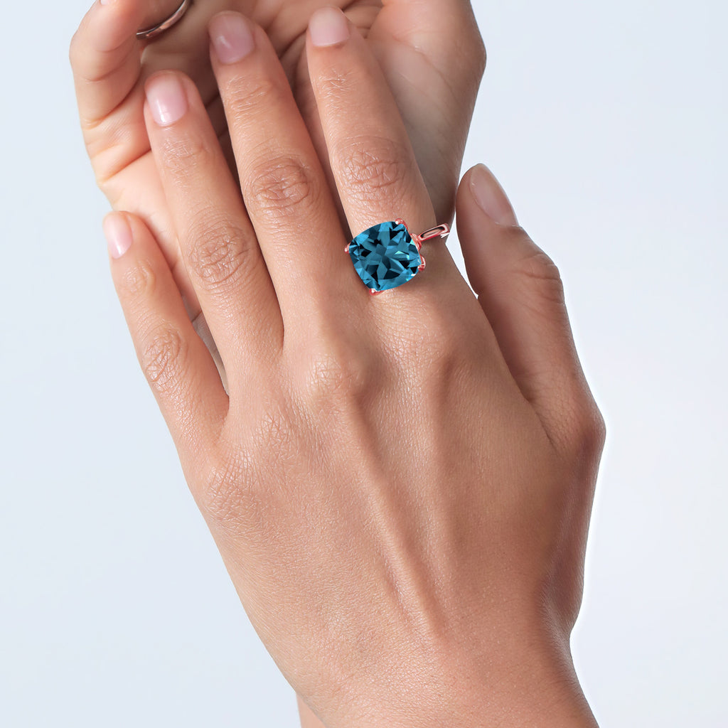 18K Rose Gold Plated Silver London Blue Topaz and Pink Lab Grown Diamond Engagement Ring For Women (13.10 Cttw, 14MM Cushion, Available in Size 5,6,7,8,9)