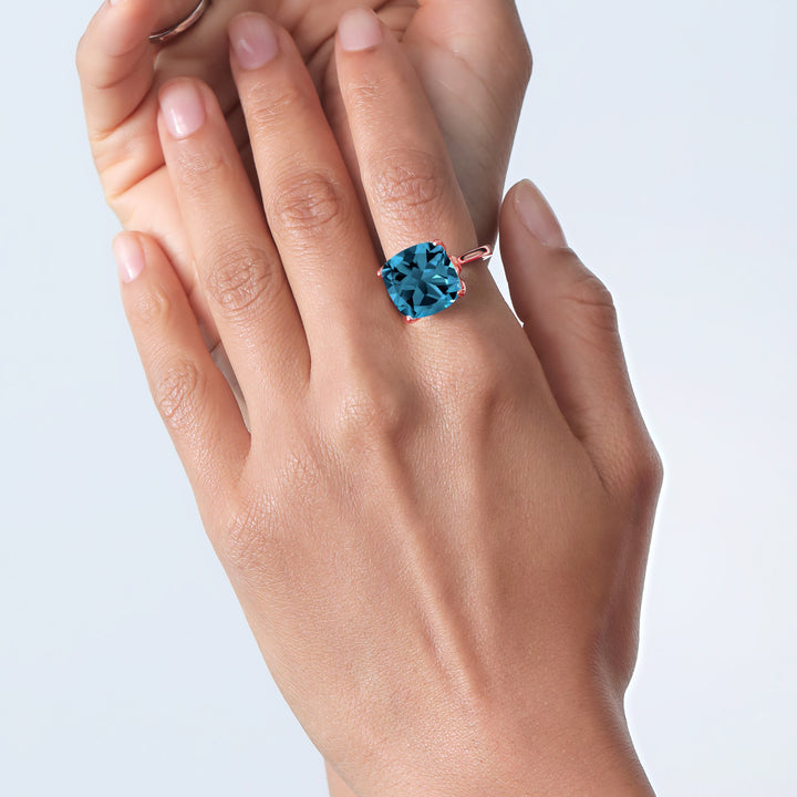 18K Rose Gold Plated Silver London Blue Topaz and Pink Lab Grown Diamond Engagement Ring For Women (13.10 Cttw, 14MM Cushion, Available in Size 5,6,7,8,9)
