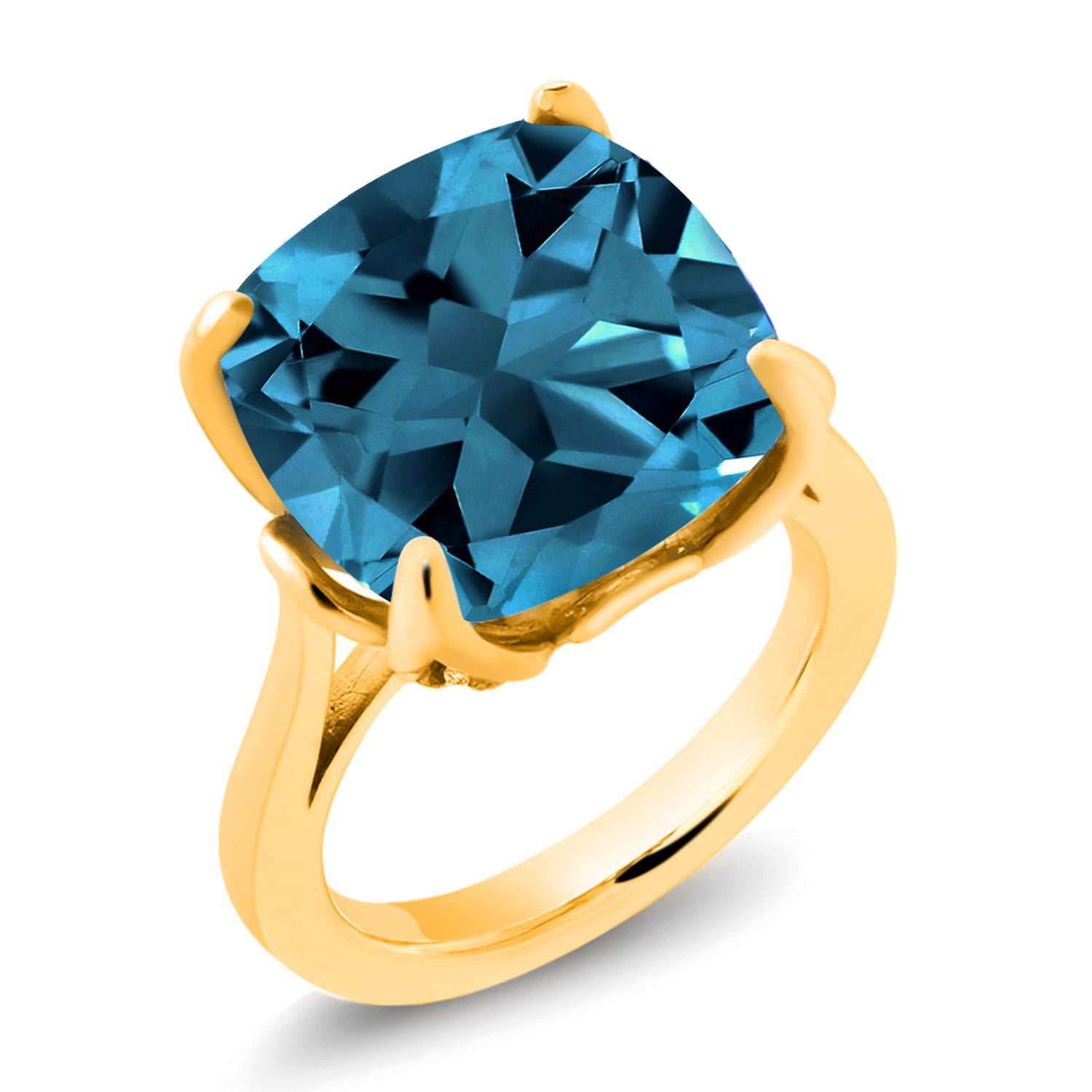 18K Yellow Gold Plated Silver London Blue Topaz and White Topaz Engagement Ring For Women (13.10 Cttw, 14MM Cushion, Available in Size 5,6,7,8,9)