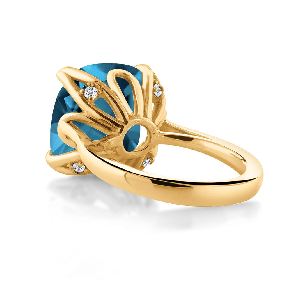 18K Yellow Gold Plated Silver London Blue Topaz and White Topaz Engagement Ring For Women (13.10 Cttw, 14MM Cushion, Available in Size 5,6,7,8,9)