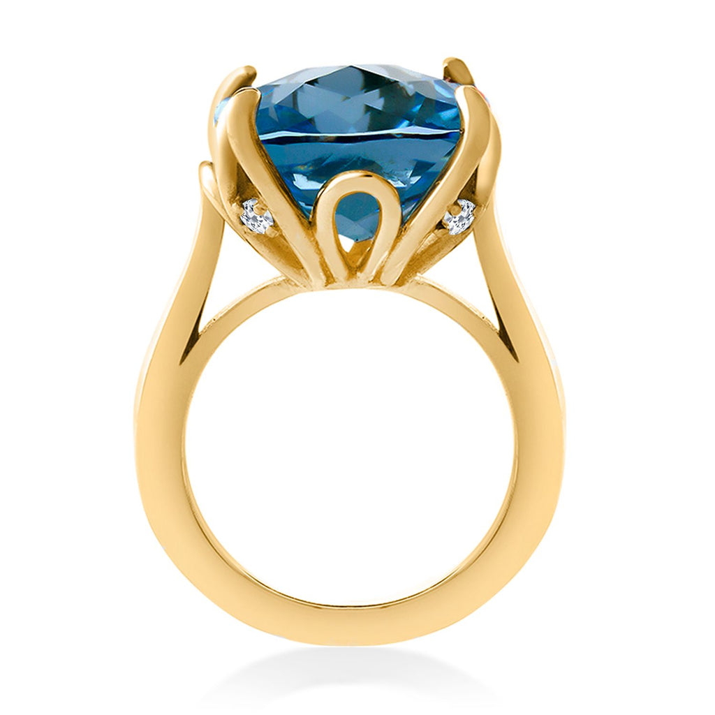 18K Yellow Gold Plated Silver London Blue Topaz and White Topaz Engagement Ring For Women (13.10 Cttw, 14MM Cushion, Available in Size 5,6,7,8,9)