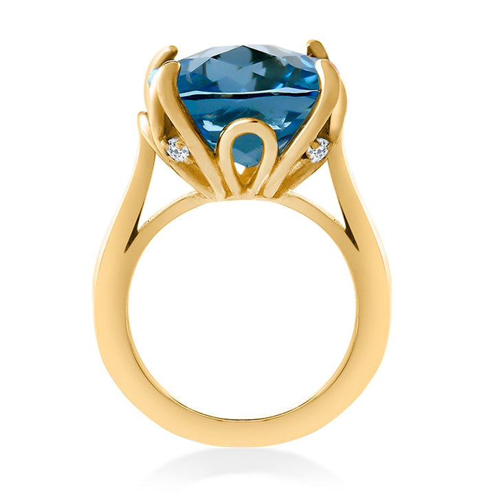 18K Yellow Gold Plated Silver London Blue Topaz and White Topaz Engagement Ring For Women (13.10 Cttw, 14MM Cushion, Available in Size 5,6,7,8,9)