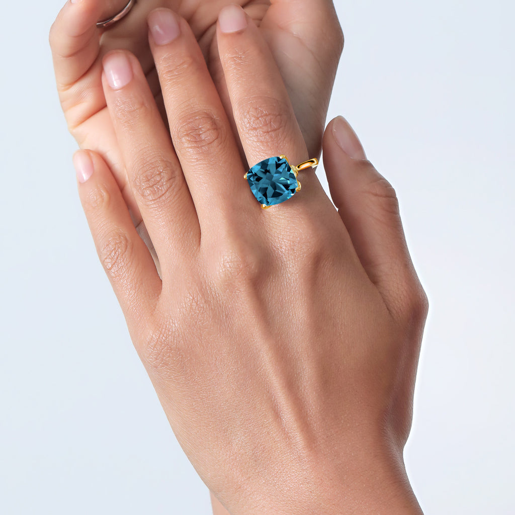 18K Yellow Gold Plated Silver London Blue Topaz and White Topaz Engagement Ring For Women (13.10 Cttw, 14MM Cushion, Available in Size 5,6,7,8,9)