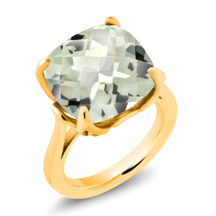 18K Yellow Gold Plated Silver Green Prasiolite Engagement Ring For Women (9.72 Cttw, 14MM Cushion Checkerboard, Available in Size 5,6,7,8,9)