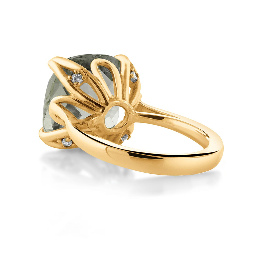 18K Yellow Gold Plated Silver Green Prasiolite Engagement Ring For Women (9.72 Cttw, 14MM Cushion Checkerboard, Available in Size 5,6,7,8,9)