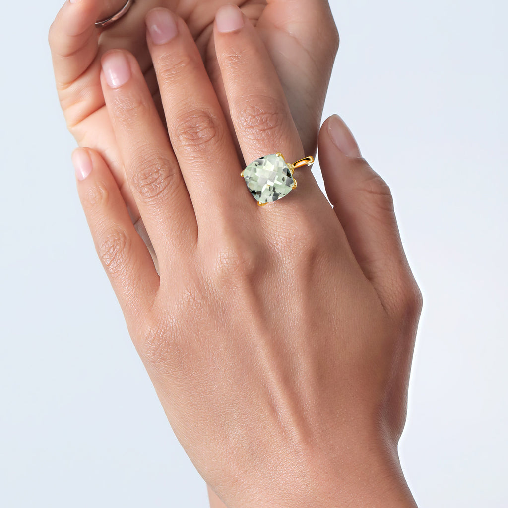 18K Yellow Gold Plated Silver Green Prasiolite Engagement Ring For Women (9.72 Cttw, 14MM Cushion Checkerboard, Available in Size 5,6,7,8,9)