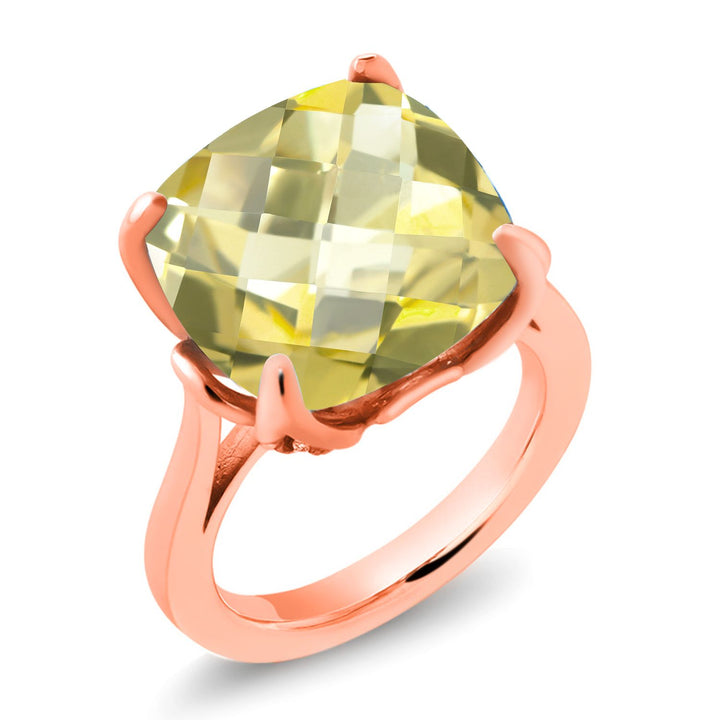 18K Rose Gold Plated Silver Yellow Lemon Quartz and White Created Sapphire Engagement Ring For Women (9.12 Cttw, 14MM Cushion Checkerboard, Available in Size 5,6,7,8,9)
