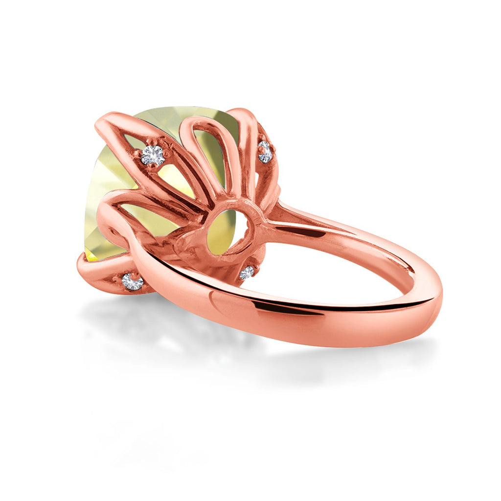 18K Rose Gold Plated Silver Yellow Lemon Quartz and White Created Sapphire Engagement Ring For Women (9.12 Cttw, 14MM Cushion Checkerboard, Available in Size 5,6,7,8,9)