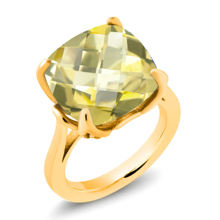 18K Yellow Gold Plated Silver Yellow Lemon Quartz and White Created Sapphire Engagement Ring For Women (9.12 Cttw, 14MM Cushion Checkerboard, Available in Size 5,6,7,8,9)