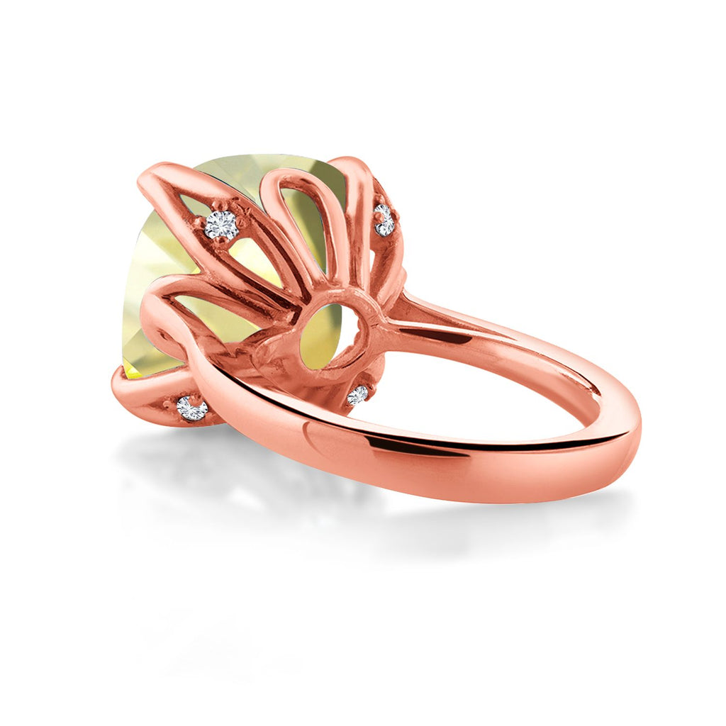 18K Rose Gold Plated Silver Yellow Lemon Quartz and White Diamond Engagement Ring For Women (9.12 Cttw, 14MM Cushion Checkerboard, Available in Size 5,6,7,8,9)