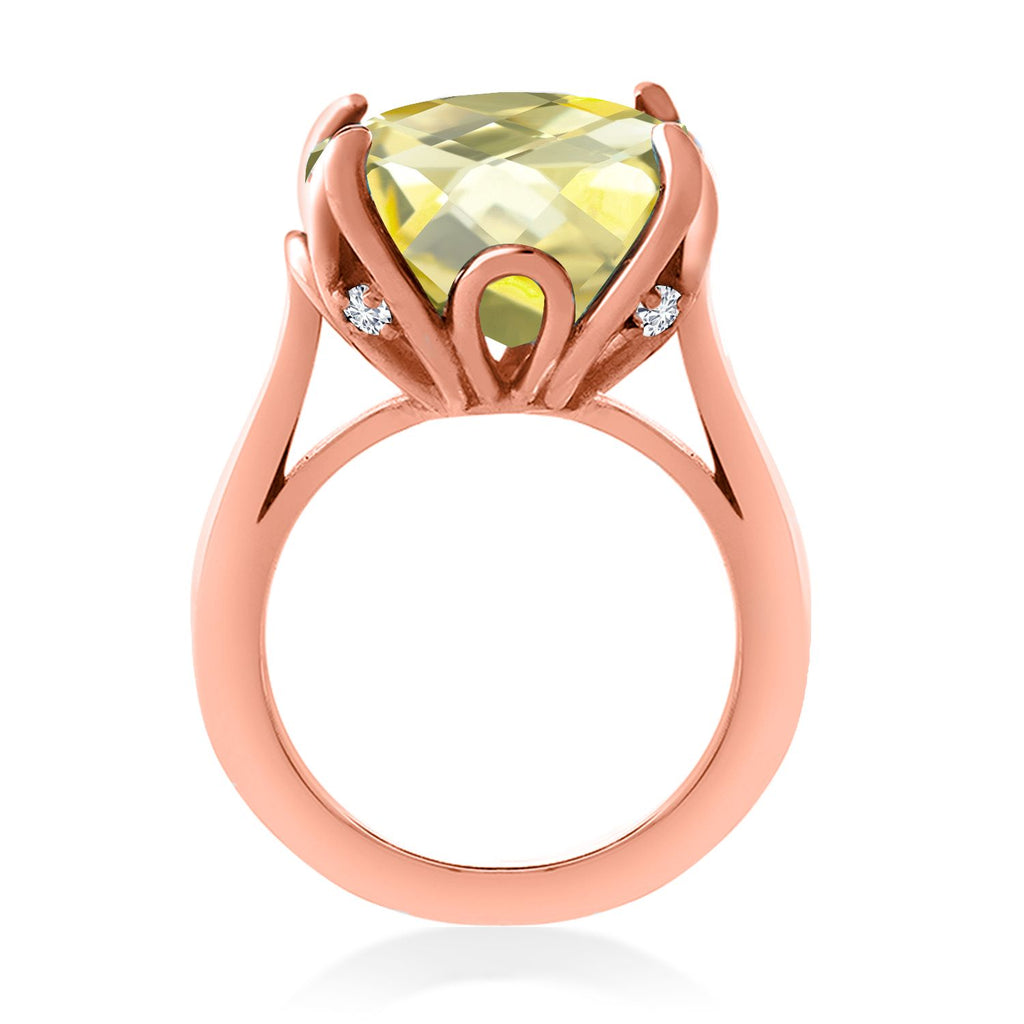 18K Rose Gold Plated Silver Yellow Lemon Quartz and White Diamond Engagement Ring For Women (9.12 Cttw, 14MM Cushion Checkerboard, Available in Size 5,6,7,8,9)