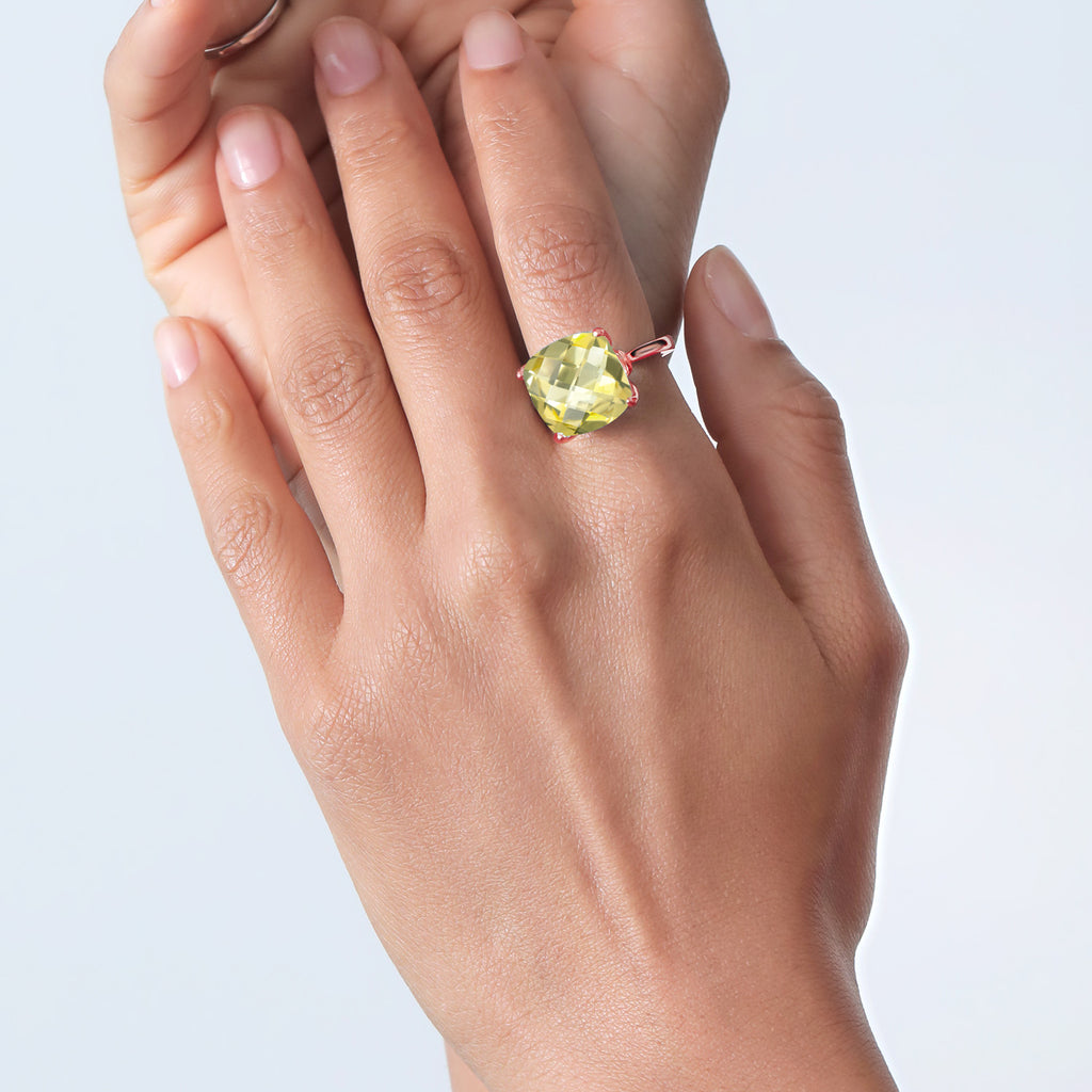 18K Rose Gold Plated Silver Yellow Lemon Quartz and White Diamond Engagement Ring For Women (9.12 Cttw, 14MM Cushion Checkerboard, Available in Size 5,6,7,8,9)