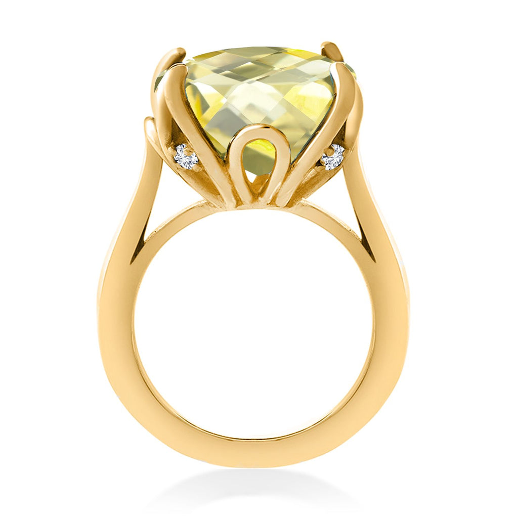 18K Yellow Gold Plated Silver Yellow Lemon Quartz and White Diamond Engagement Ring For Women (9.12 Cttw, 14MM Cushion Checkerboard, Available in Size 5,6,7,8,9)