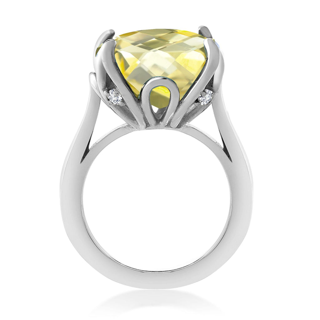 925 Sterling Silver Yellow Lemon Quartz and White Lab Grown Diamond Engagement Ring For Women (9.10 Cttw, 14MM Cushion Checkerboard, Available in Size 5,6,7,8,9)