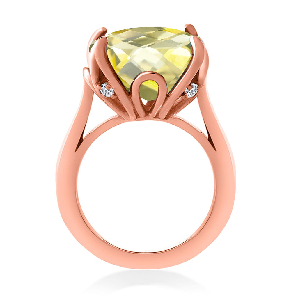 18K Rose Gold Plated Silver Yellow Lemon Quartz and White Topaz Engagement Ring For Women (9.10 Cttw, 14MM Cushion Checkerboard, Available in Size 5,6,7,8,9)
