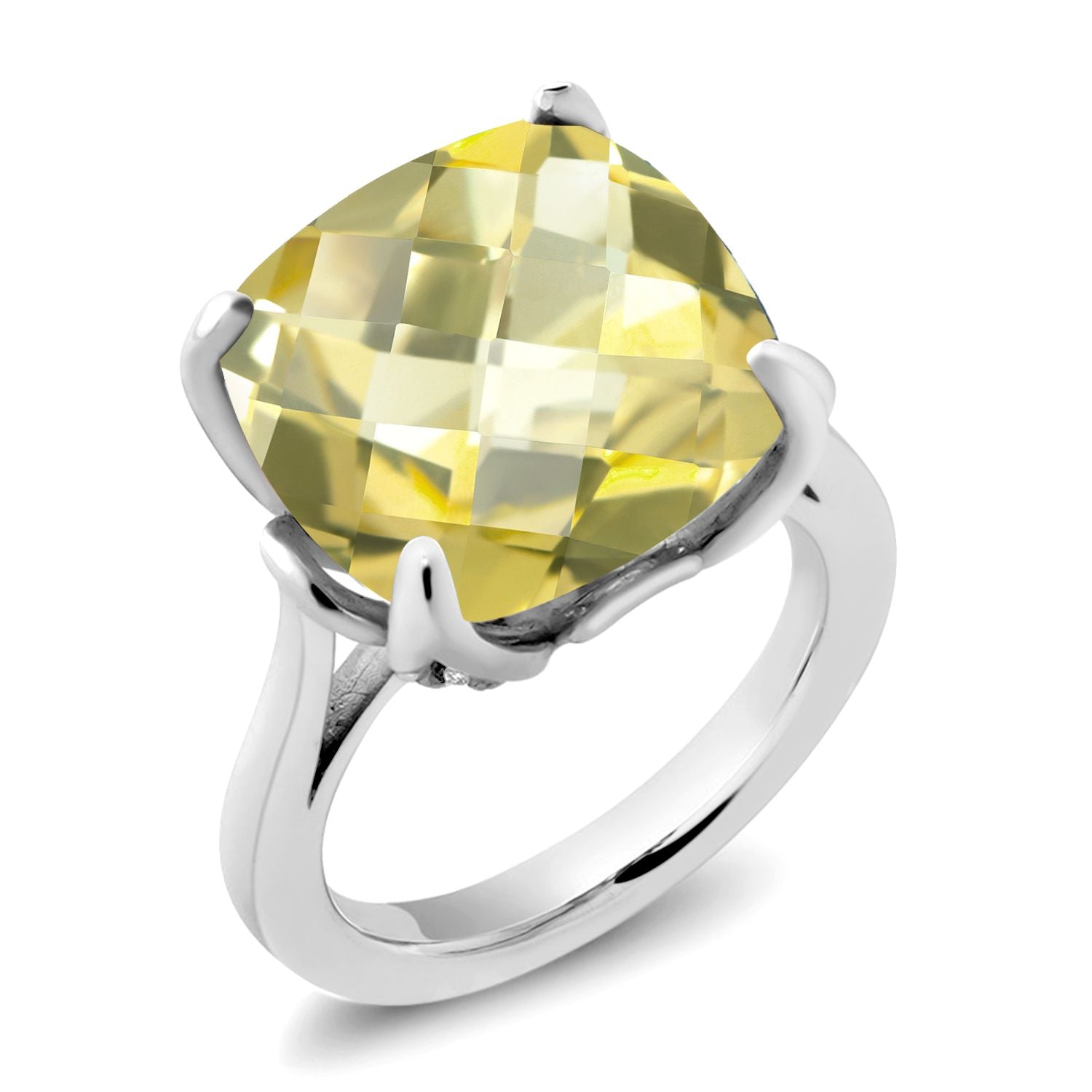 925 Sterling Silver Yellow Lemon Quartz and White Topaz Engagement Ring For Women (9.10 Cttw, 14MM Cushion Checkerboard, Available in Size 5,6,7,8,9)