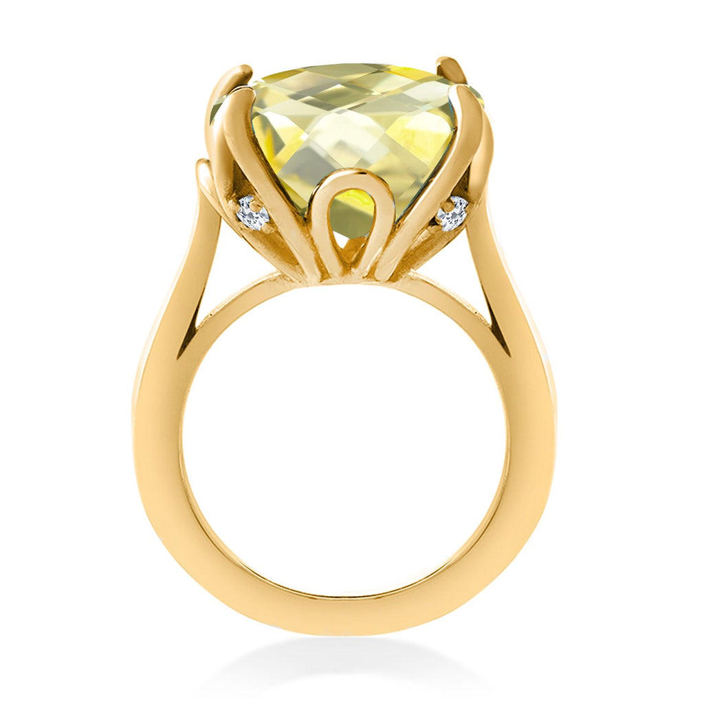 18K Yellow Gold Plated Silver Yellow Lemon Quartz and White Topaz Engagement Ring For Women (9.10 Cttw, 14MM Cushion Checkerboard, Available in Size 5,6,7,8,9)