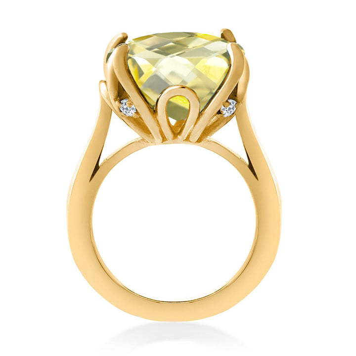 18K Yellow Gold Plated Silver Yellow Lemon Quartz and White Topaz Engagement Ring For Women (9.10 Cttw, 14MM Cushion Checkerboard, Available in Size 5,6,7,8,9)