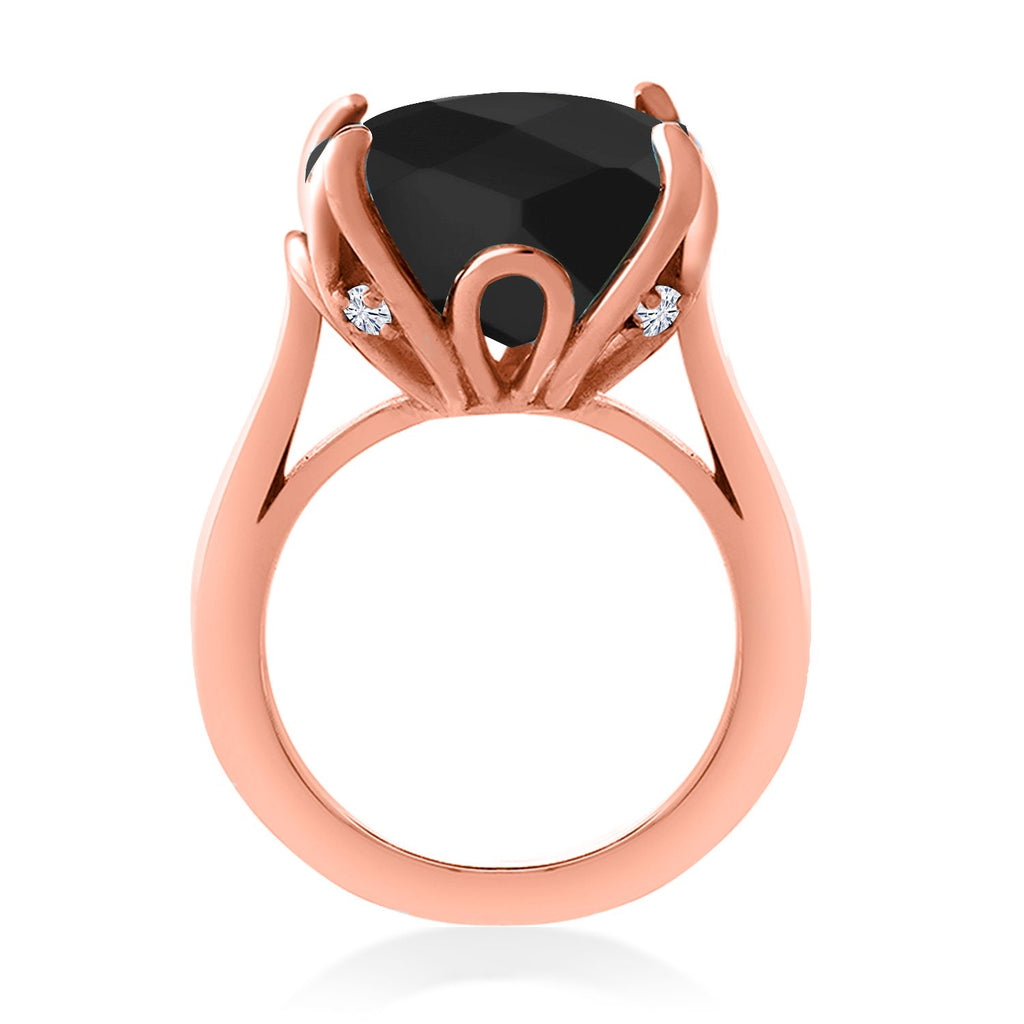 18K Rose Gold Plated Silver Black Onyx and White Moissanite Engagement Ring For Women (8.25 Cttw, 14MM Cushion Checkerboard, Available in Size 5,6,7,8,9)
