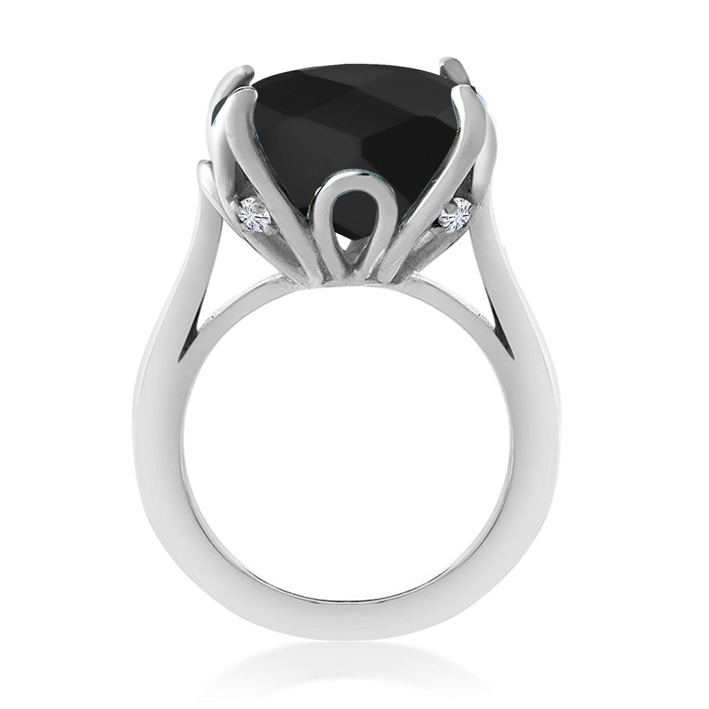 925 Sterling Silver Black Onyx and White Moissanite Engagement Ring For Women (8.25 Cttw, 14MM Cushion Checkerboard, Available in Size 5,6,7,8,9)