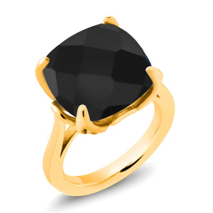 18K Yellow Gold Plated Silver Black Onyx and White Moissanite Engagement Ring For Women (8.25 Cttw, 14MM Cushion Checkerboard, Available in Size 5,6,7,8,9)