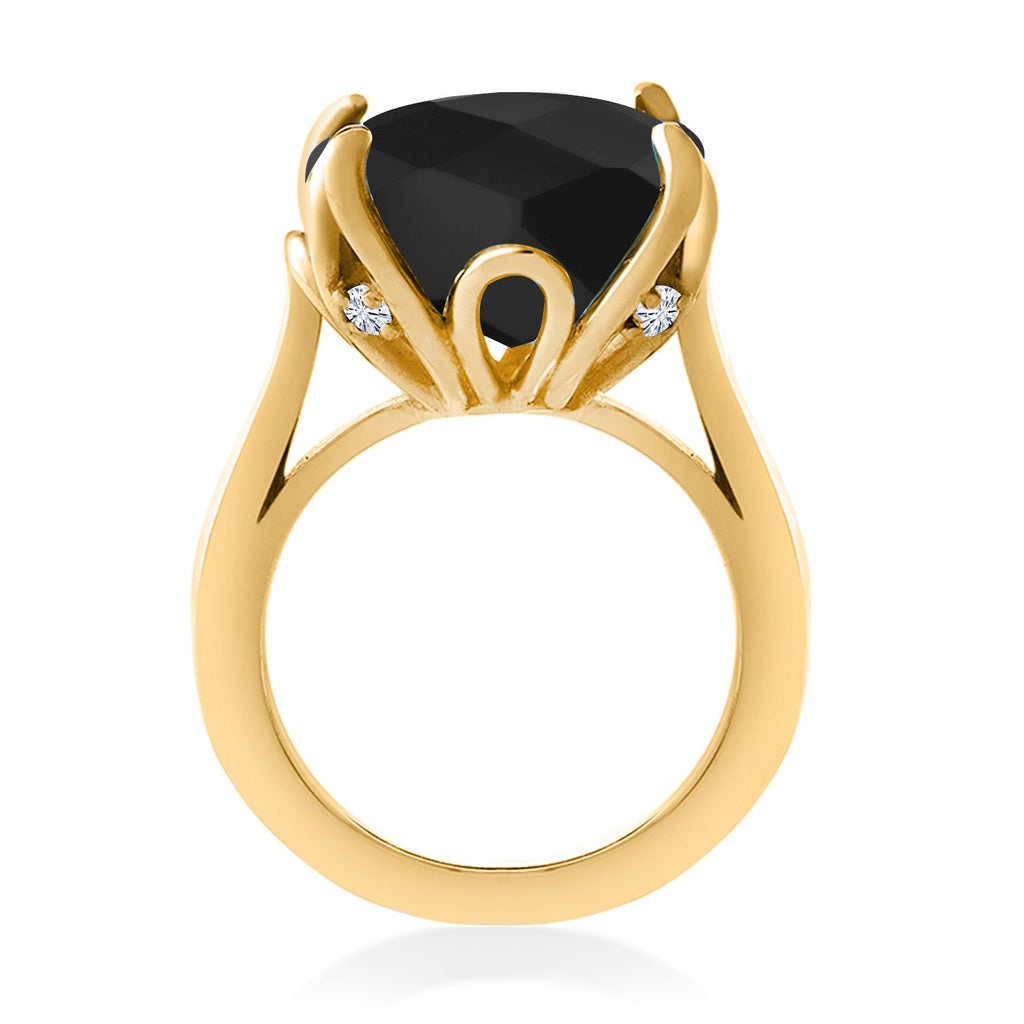 18K Yellow Gold Plated Silver Black Onyx and White Moissanite Engagement Ring For Women (8.25 Cttw, 14MM Cushion Checkerboard, Available in Size 5,6,7,8,9)