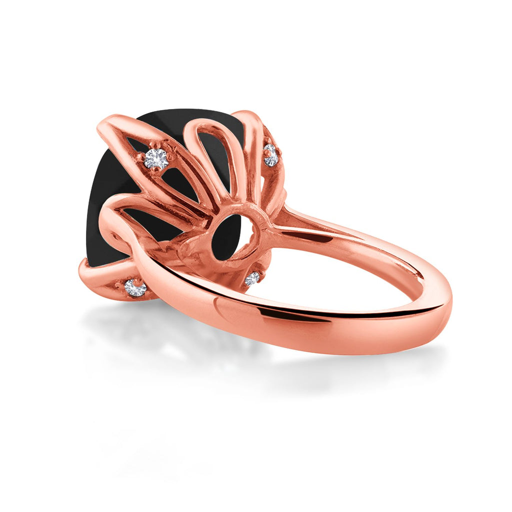 18K Rose Gold Plated Silver Black Onyx and White Created Sapphire Engagement Ring For Women (8.27 Cttw, 14MM Cushion Checkerboard, Available in Size 5,6,7,8,9)