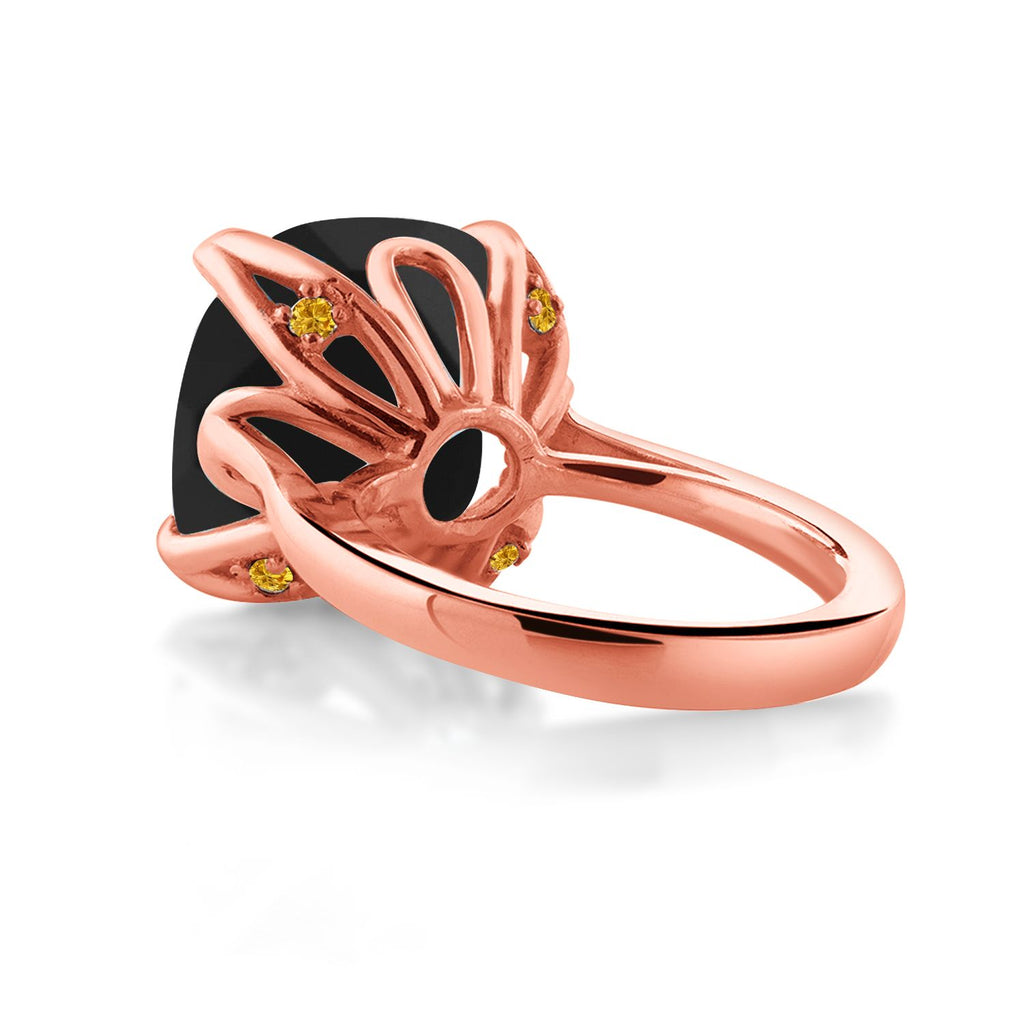 18K Rose Gold Plated Silver Black Onyx and Yellow Created Sapphire Engagement Ring For Women (8.22 Cttw, 14MM Cushion Checkerboard, Available in Size 5,6,7,8,9)