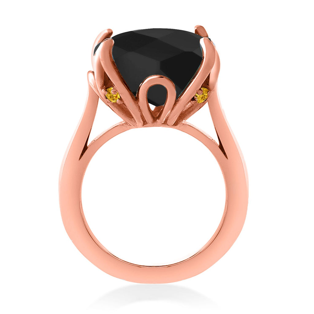 18K Rose Gold Plated Silver Black Onyx and Yellow Created Sapphire Engagement Ring For Women (8.22 Cttw, 14MM Cushion Checkerboard, Available in Size 5,6,7,8,9)