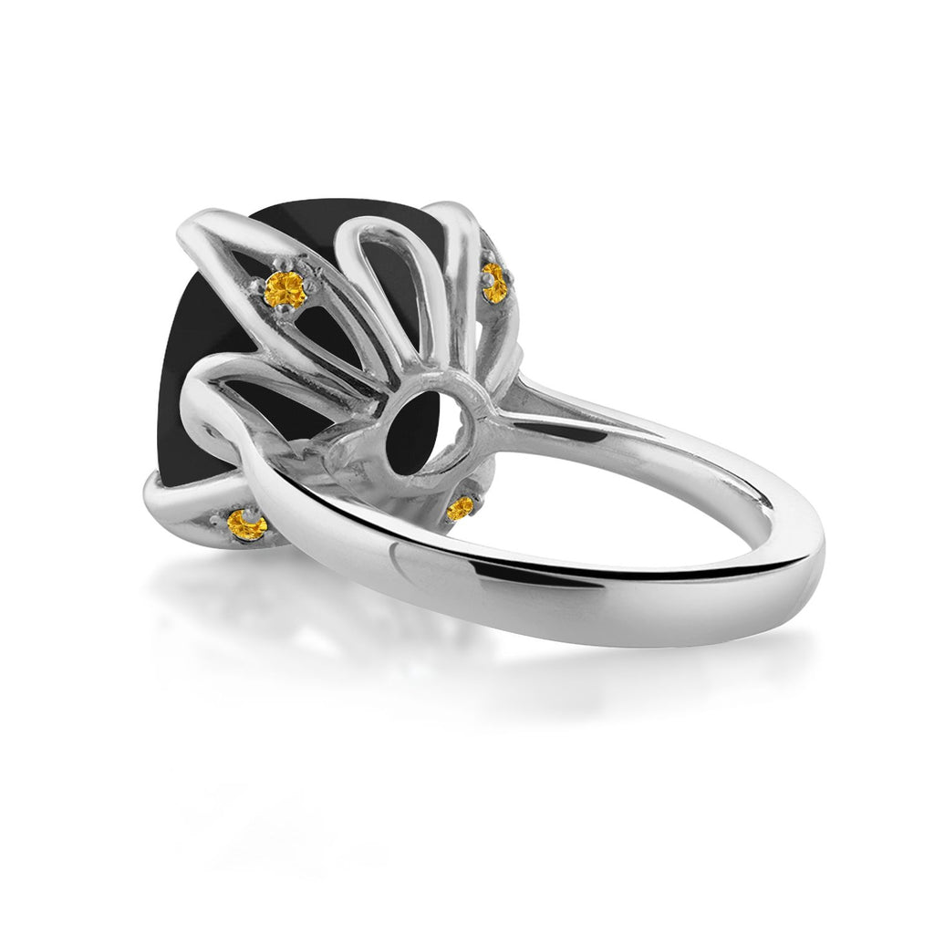 925 Sterling Silver Black Onyx and Yellow Created Sapphire Engagement Ring For Women (8.22 Cttw, 14MM Cushion Checkerboard, Available in Size 5,6,7,8,9)